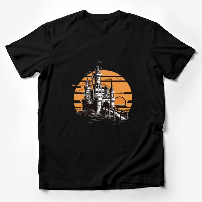 Fantasy Castle T-Shirt, Enchanted Kingdom Graphic Tee, Sunset Silhouette Art, Unisex Apparel Male T-Shirt