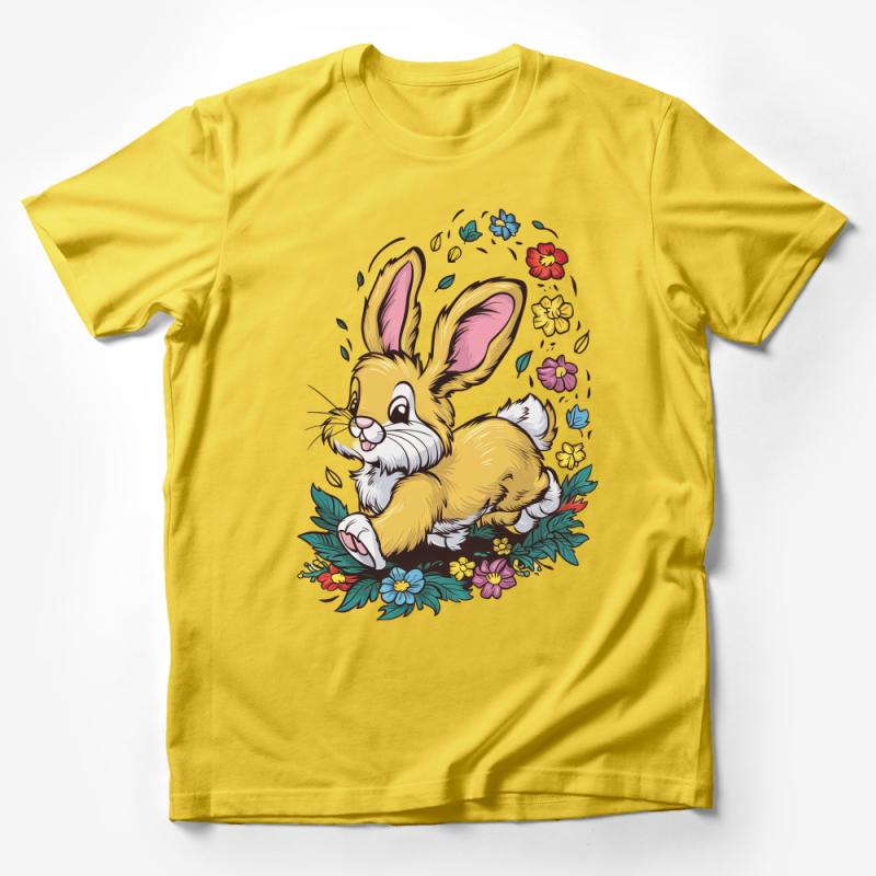 Joyful Cartoon Bunny Surrounded by Flowers and Leaves Unisex T-Shirt Male T-Shirt