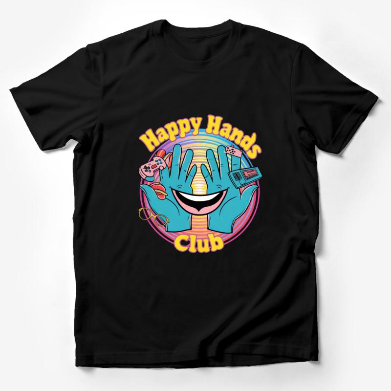 Colorful Happy Hands Club T-Shirt, Smiling Cartoon Hands, Fun Unisex Tee, Gift for Friends, Casual Wear Male T-Shirt