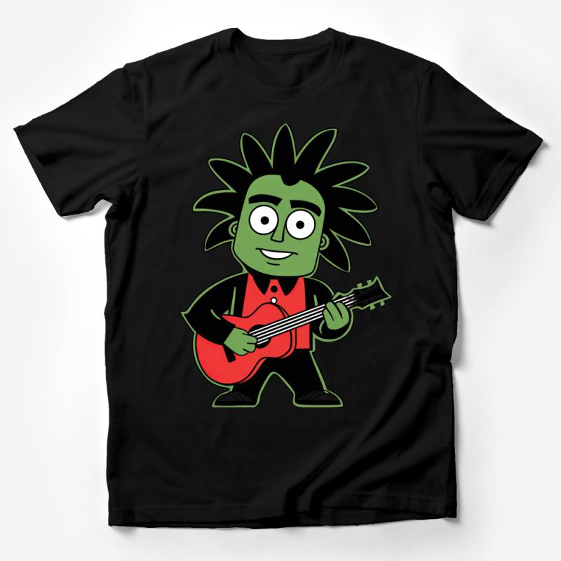 Cool Guitar Playing Cartoon Character T-Shirt for Musicians, Unisex Music Lover Tee, Green Rock Star Male T-Shirt