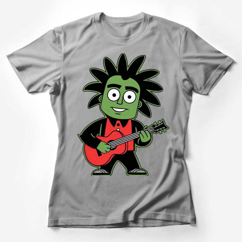 Cool Guitar Playing Cartoon Character T-Shirt for Musicians, Unisex Music Lover Tee, Green Rock Star Female T-Shirt