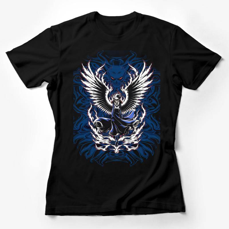 Angel Demon Wings Graphic T-Shirt, Blue and White Fantasy Art Tee, Unisex Mythical Creature Design Top Female T-Shirt