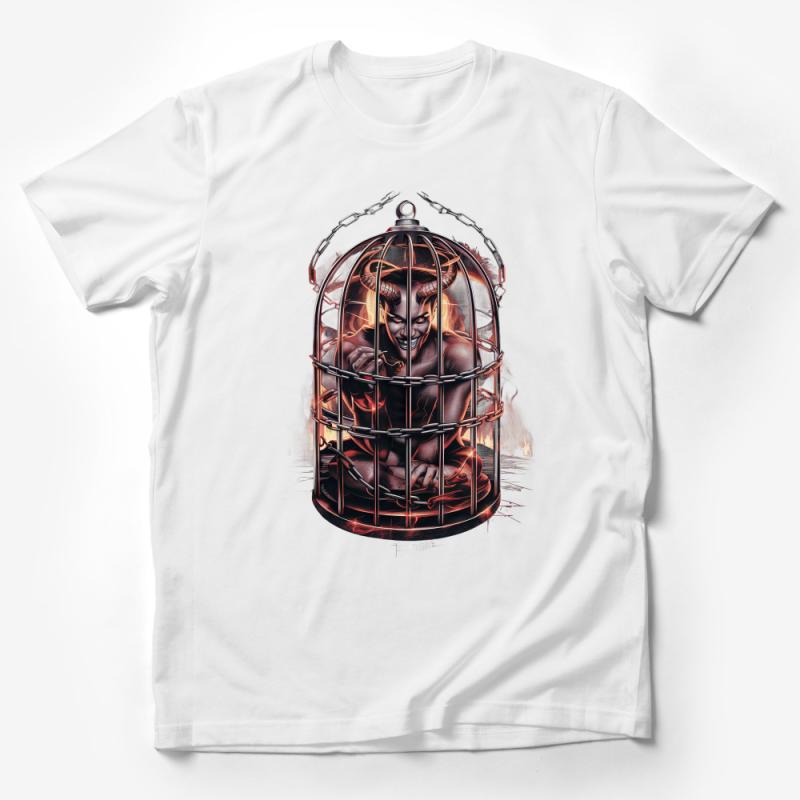 Menacing Demon in Cage Graphic Tee, Bold Fiery Devil Design, Unique Streetwear Style Male T-Shirt