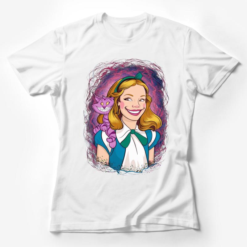 Whimsical Alice and Cheshire Cat Fantasy Illustration Tee, Colorful Graphic Shirt, Unique Wonderland Inspired Gift Female T-Shirt