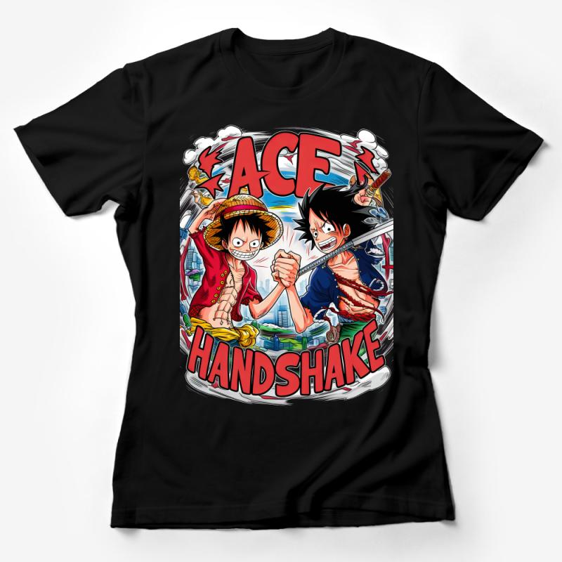 Anime Inspired T-Shirt, Ace and Luffy Handshake Graphic Tee, Colorful Manga Shirt, Unisex Otaku Apparel, Vibrant Comic Art Clothing Female T-Shirt