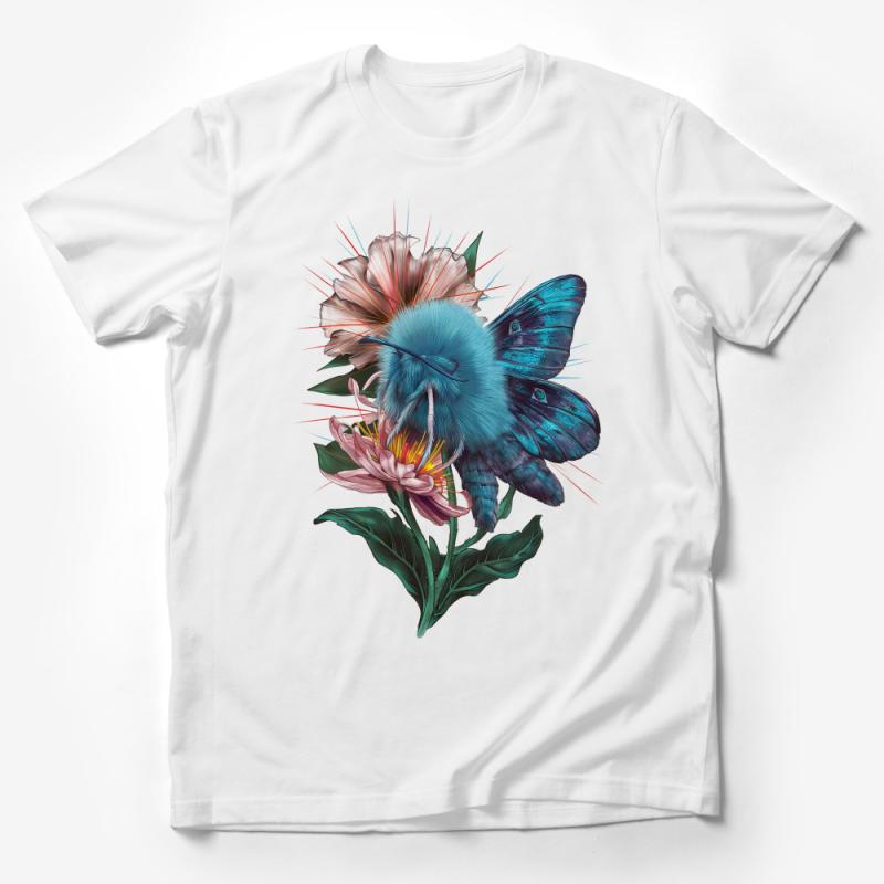 Blue Butterfly on Blooming Flower Artistic T-Shirt Design, Vibrant Nature Inspired Fashion Tee, Unique Graphic Shirt for Nature Lovers Male T-Shirt