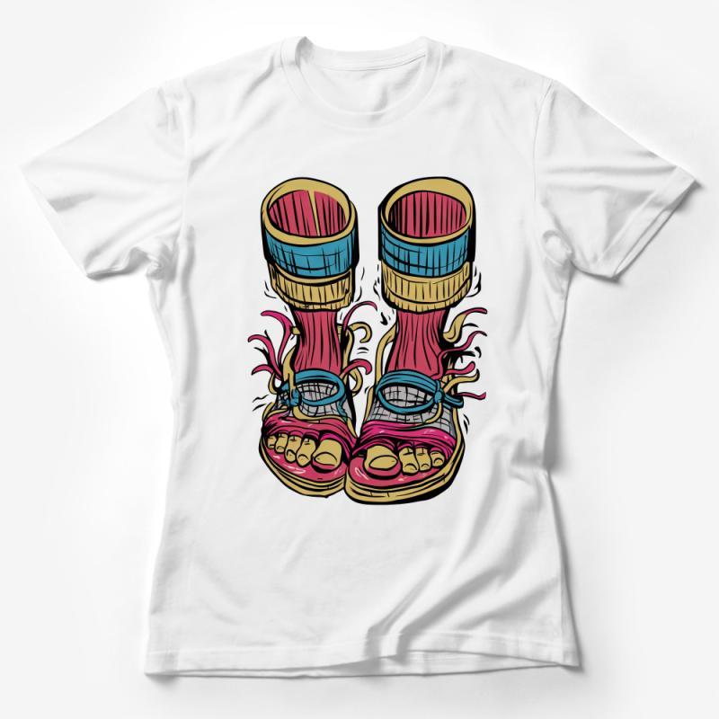 Funky Cartoon Sneakers T-Shirt, Colorful Hip Hop Urban Footwear, Casual Streetwear, Trendy Graphic Tee for Teens Female T-Shirt