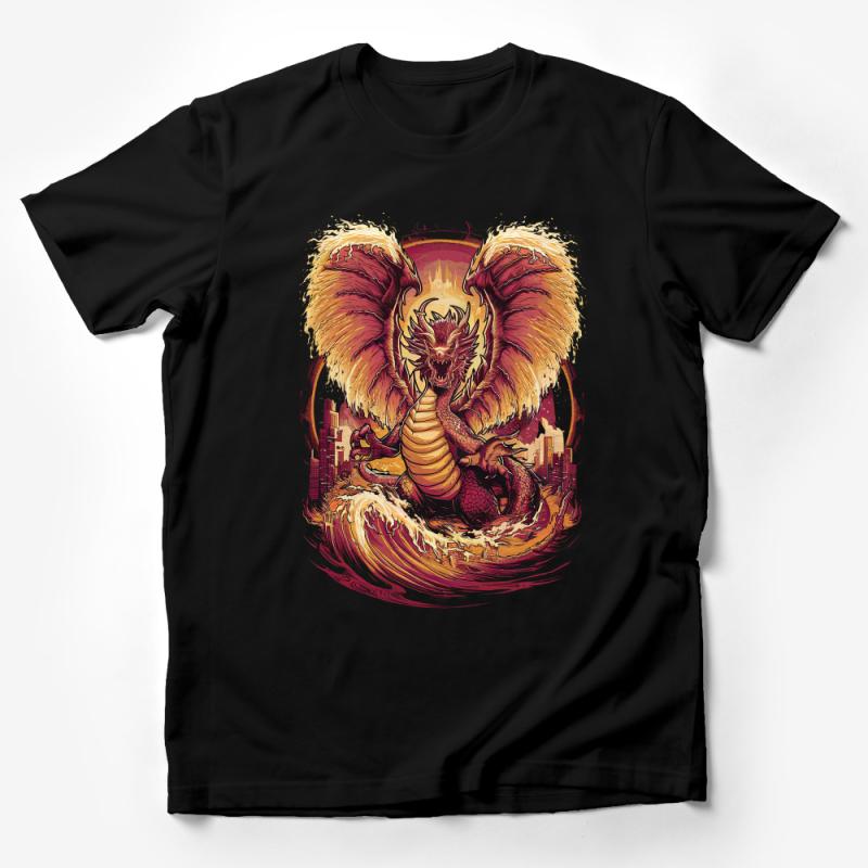 Epic Dragon T-Shirt, Urban Fantasy Creature Tee, Vibrant Fire Dragon Illustration, Unique Graphic Shirt for Fantasy Fans Male T-Shirt