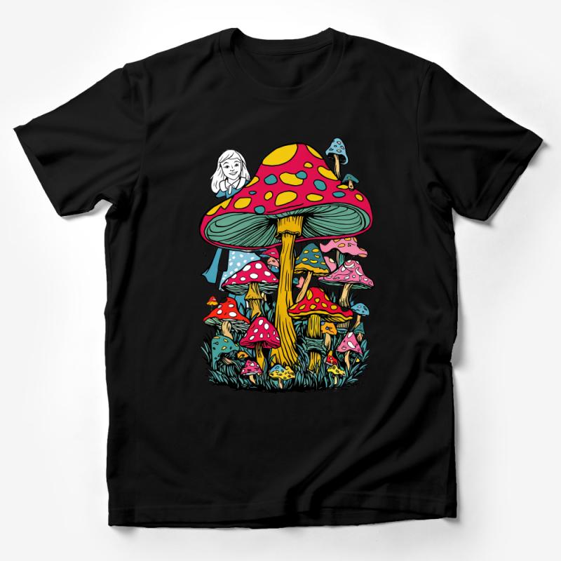 Colorful Mushroom Fantasy Forest Illustration, Whimsical Nature Art Tee, Unisex Graphic T-Shirt, Gift for Nature Lovers Male T-Shirt