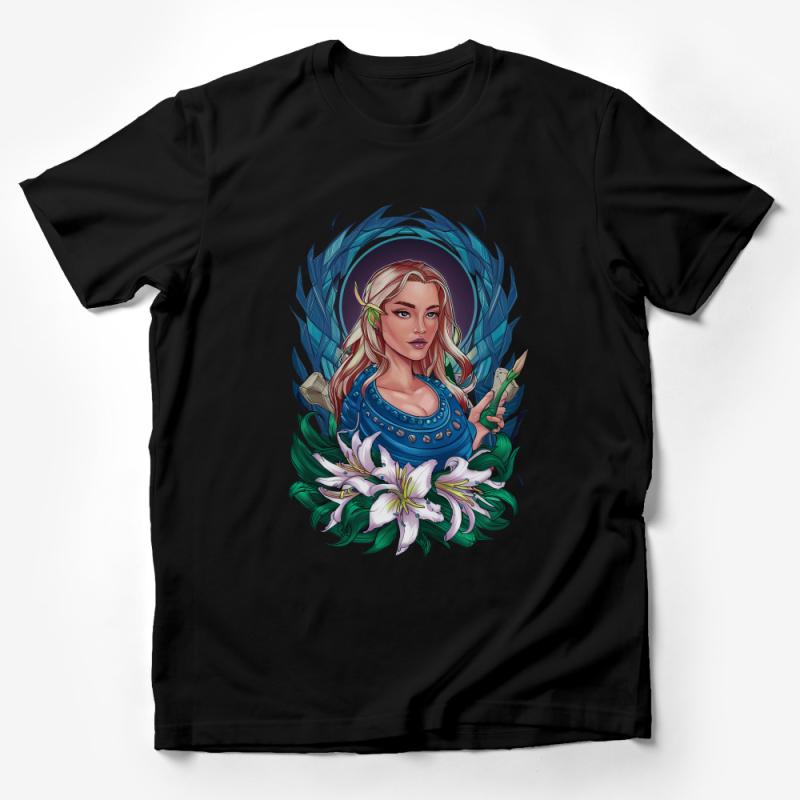 Fantasy Elf Art T-Shirt, Floral Elf Maiden Illustration, Women's Graphic Tee, Unique Geek Chic Clothing, Artistic Fantasy Apparel Male T-Shirt