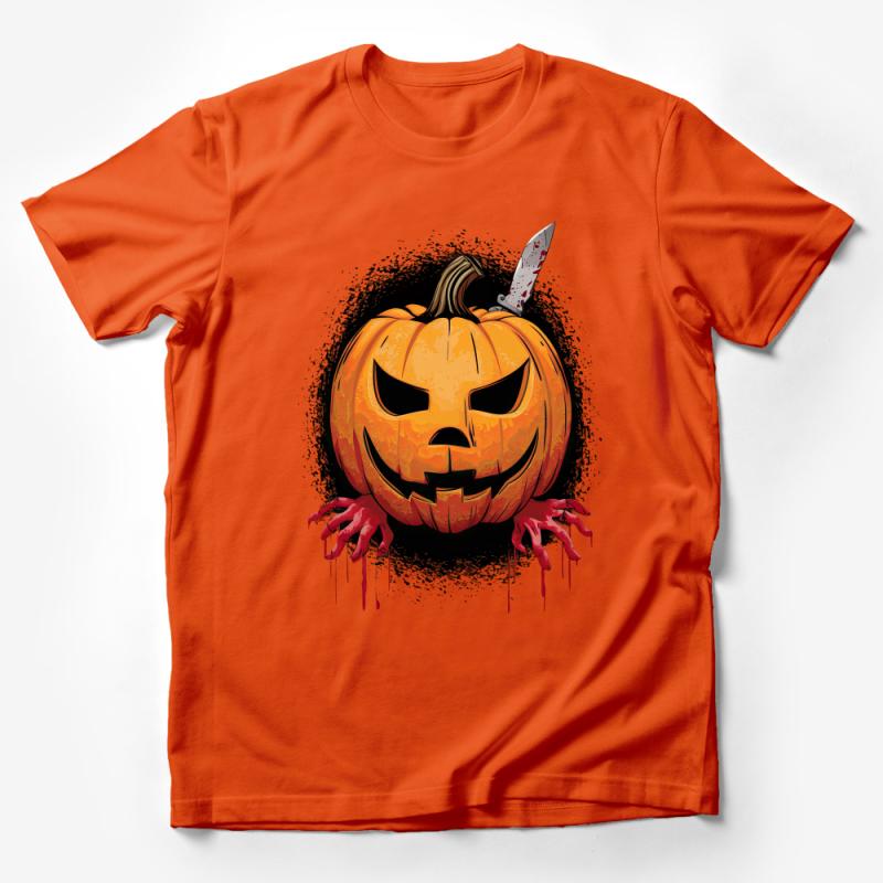 Halloween Pumpkin Jack O'Lantern Knife Blood Splatter Unisex T-Shirt, Graphic Tee, Horror Holiday Shirt, Scary October Apparel Male T-Shirt