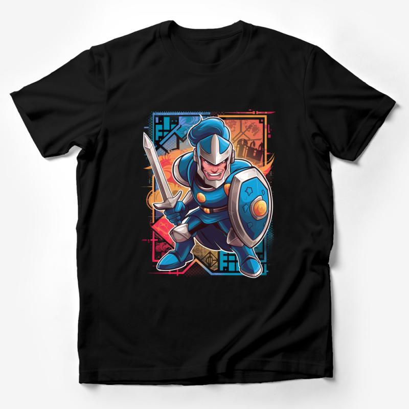 Bold Comic Warrior Hero Graphic T-Shirt, Vibrant Cartoon Character Design, Unique Apparel Gift Male T-Shirt