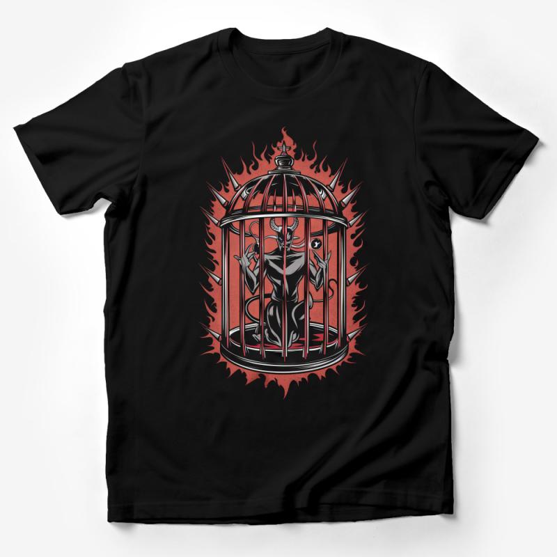 Gothic Demon Cage T-Shirt, Dark Fantasy Art Tee, Fiery Aesthetic, Unique Graphic Shirt, Unisex Clothing Male T-Shirt