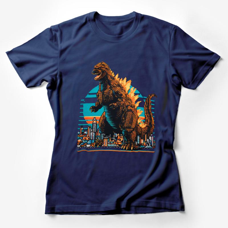 Retro Dinosaur T-Shirt, Vintage Pixel Art Godzilla Tee, Urban Monster Graphic Shirt, Unisex Cotton Top Female T-Shirt