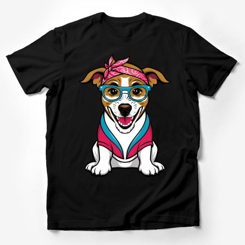 Cute Hipster Dog T-Shirt for Pet Lovers, Colorful Cartoon Dog with Glasses Male T-Shirt