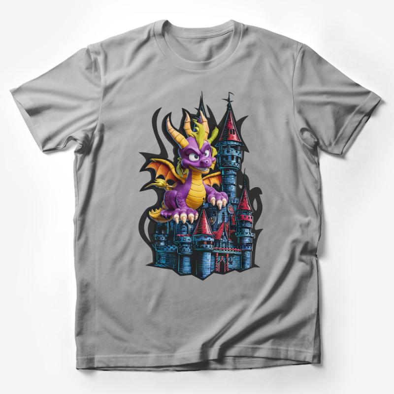 Fantasy Dragon T-Shirt, Castle Graphic Tee, Purple Dragon Apparel, Unisex Adult Clothing, Gaming Inspired Shirt, Unique Gift Idea Male T-Shirt