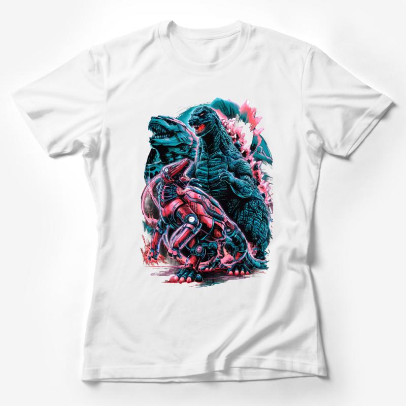 Dinosaur Battle T-Shirt, Vibrant Retro Dino Art Tee, Sci-Fi Dinosaur vs Robot Illustration, Cool Graphic Shirt, Unisex Female T-Shirt