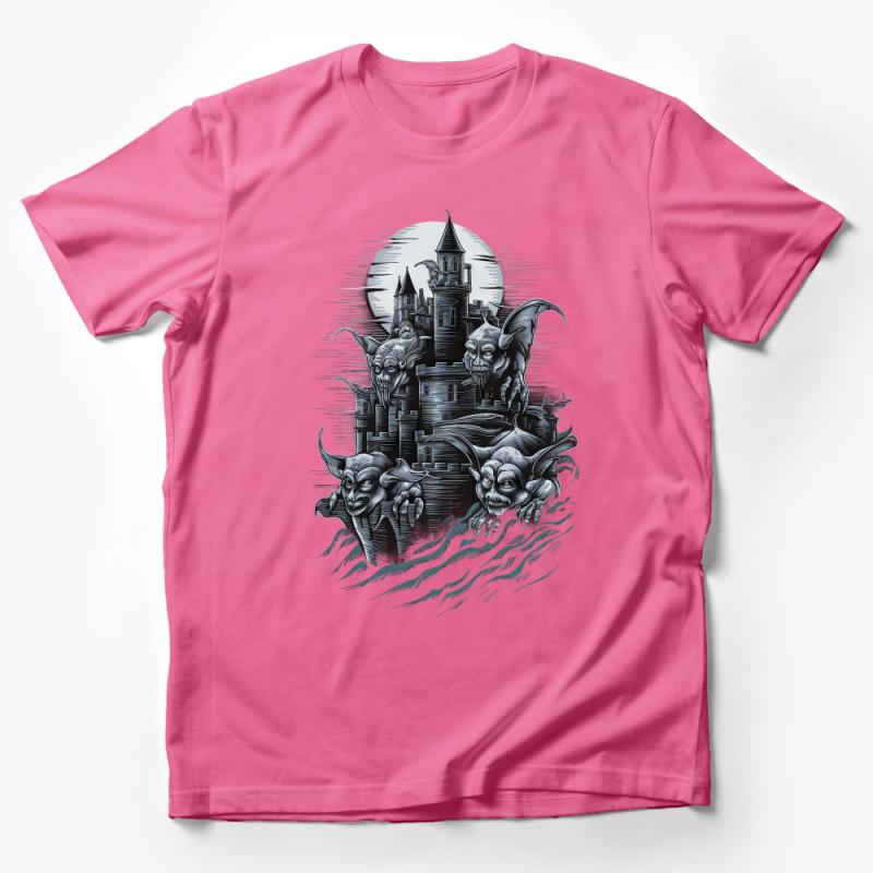 Gothic Castle and Gargoyles T-Shirt, Spooky Fantasy Art Shirt, Haunting Moonlight Graphic Tee, Dark Aesthetic Apparel, Unique Gift Male T-Shirt