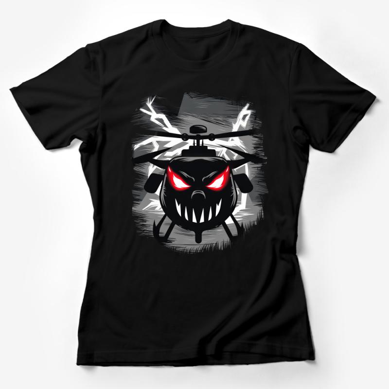 Men's Black T-Shirt with Red-Eyed Skull Helicopter Graphic, Urban Streetwear, Cool Tee Female T-Shirt