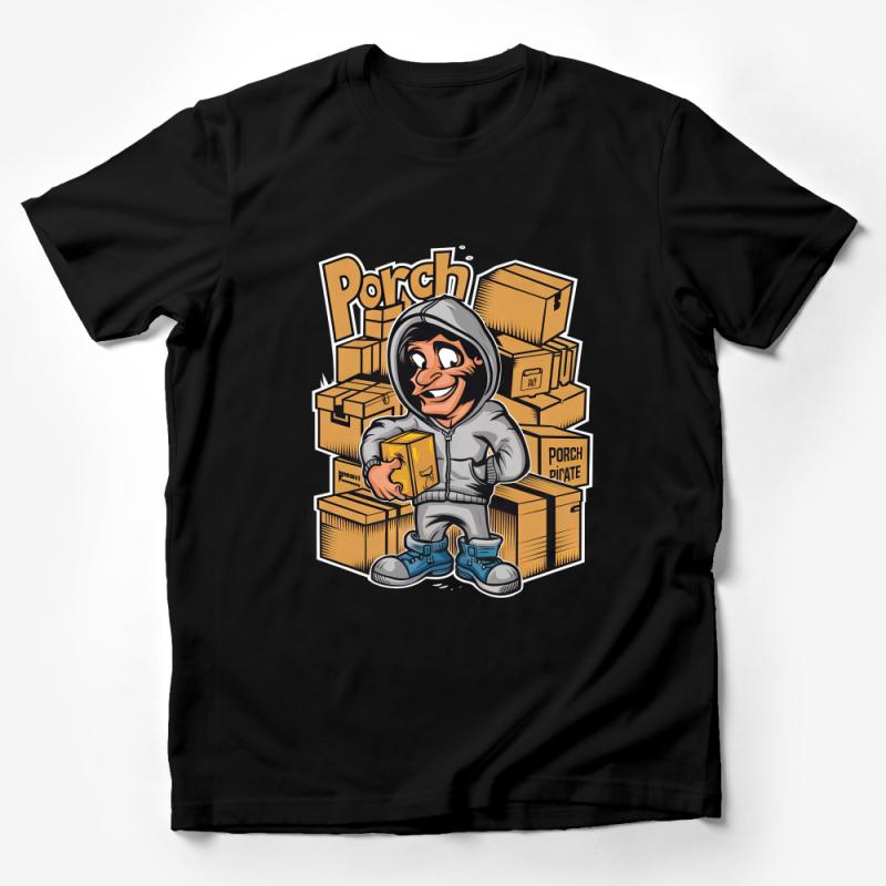 Porch Pirate Cartoon Graphic Tee, Funny Novelty T-Shirt for Men, Unique Casual Streetwear, Cool Sarcastic Top Male T-Shirt