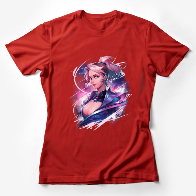 Women's Cosmic Warrior Printed T-Shirt, Vibrant Space Anime Art Tee, Casual Comfortable Cotton Shirt, Unique Graphic Design Top Female T-Shirt