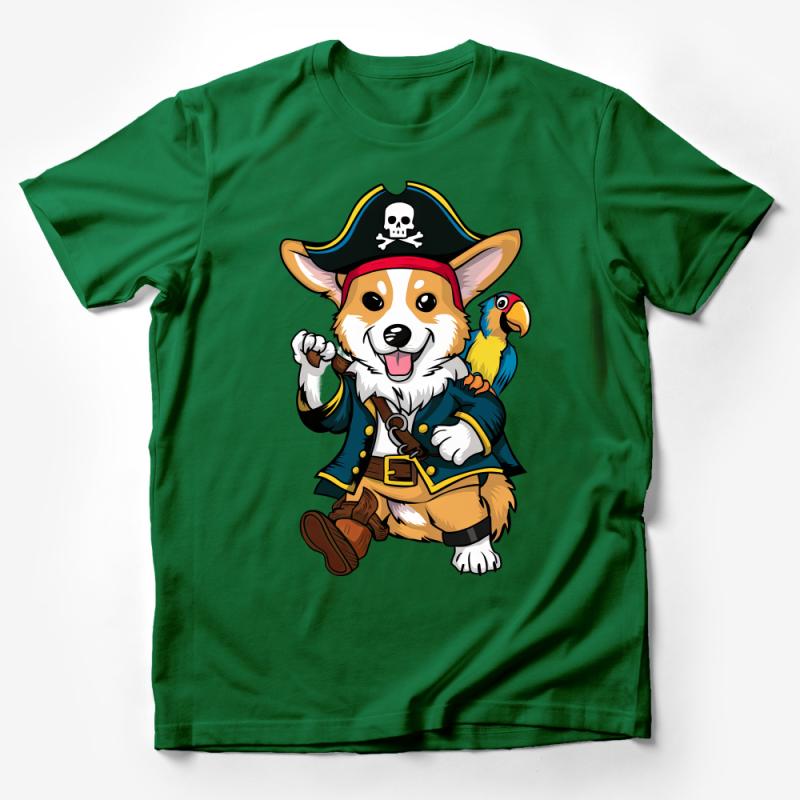 Cute Pirate Corgi T-Shirt, Funny Dog Pirate with Parrot Tee, Unisex Adult Clothing, Pet Lover Nautical Adventure Shirt Male T-Shirt