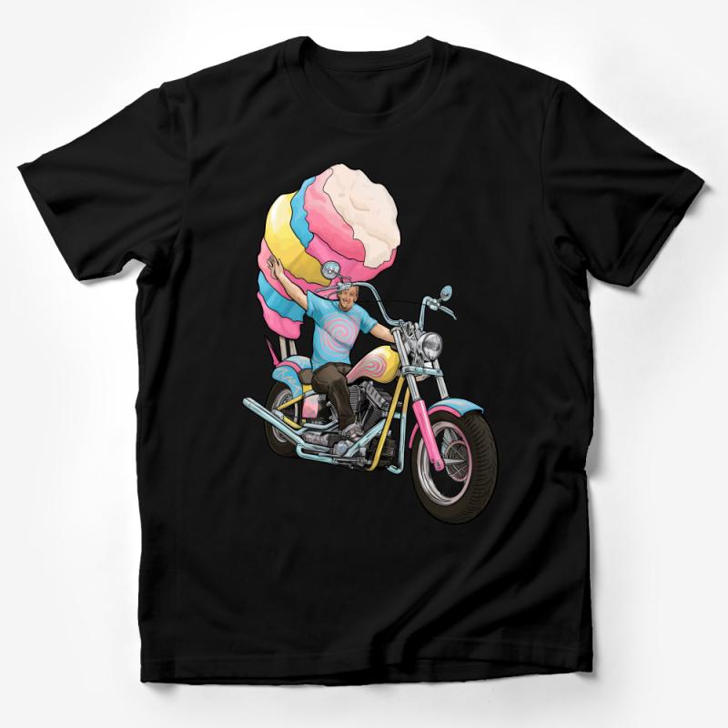 Whimsical Ice Cream Biker T-Shirt, Unique Motorcycle Rider Tee, Cotton Candy Graphics, Fun Summer Fashion Top Male T-Shirt