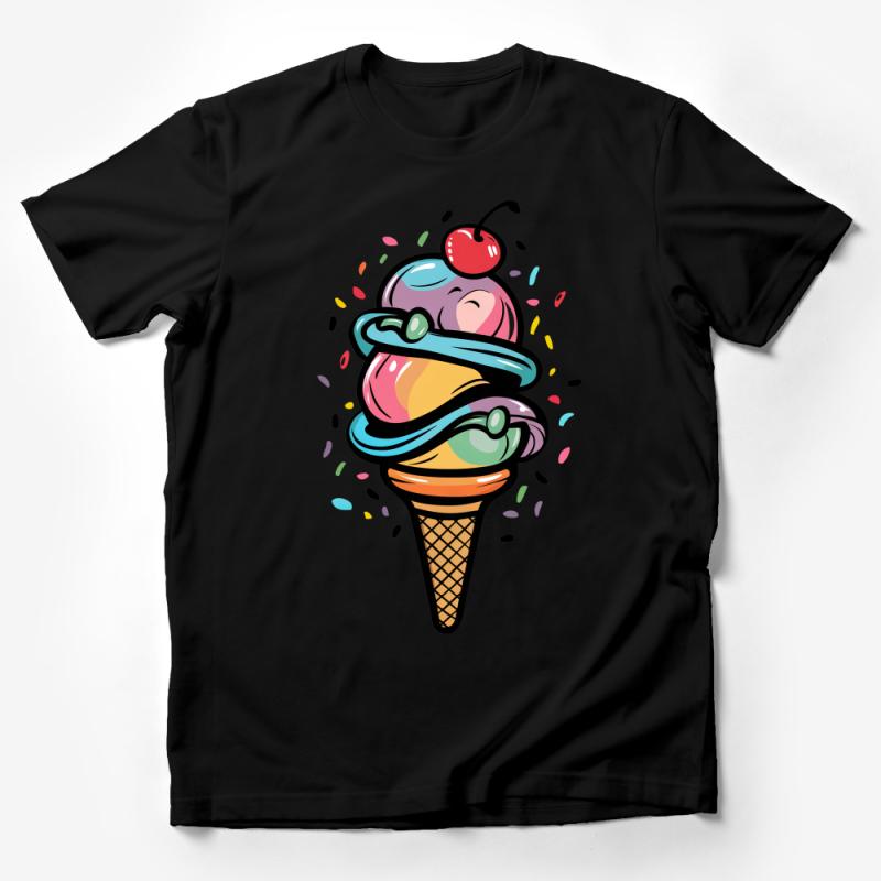 Unisex Ice Cream Cone T-Shirt, Colorful Swirl Dessert Tee, Cherry Topped Summer Shirt, Casual Cotton Graphic Top, Gift for Foodies Male T-Shirt