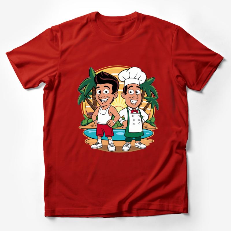 Cartoon Chef and Friend Beach Scene T-Shirt, Colorful Kids Graphic Tee, Unisex Summer Casual Wear, Fun Illustration Top Male T-Shirt