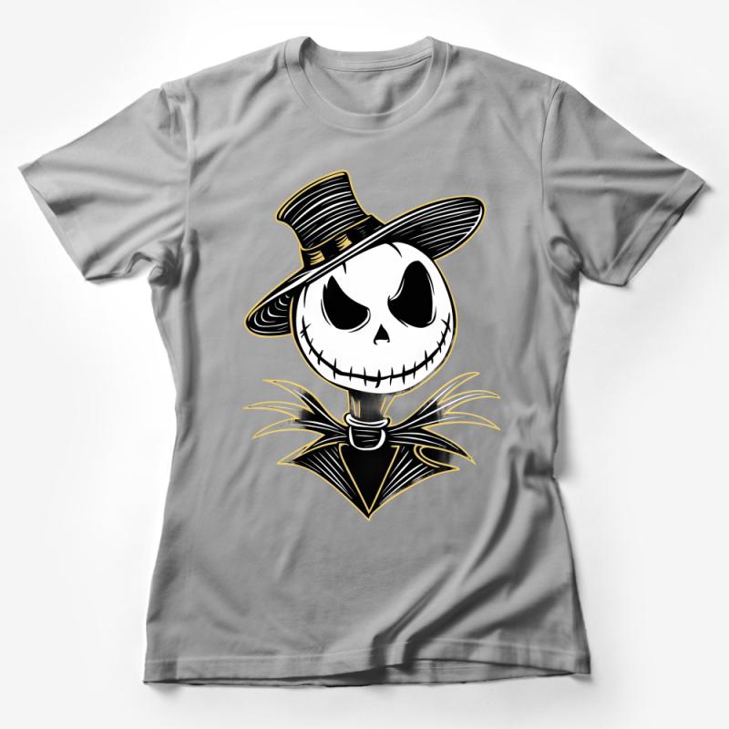 Unique Jack Skellington Inspired Smiling Pumpkin T-Shirt Design for Halloween Fans Female T-Shirt