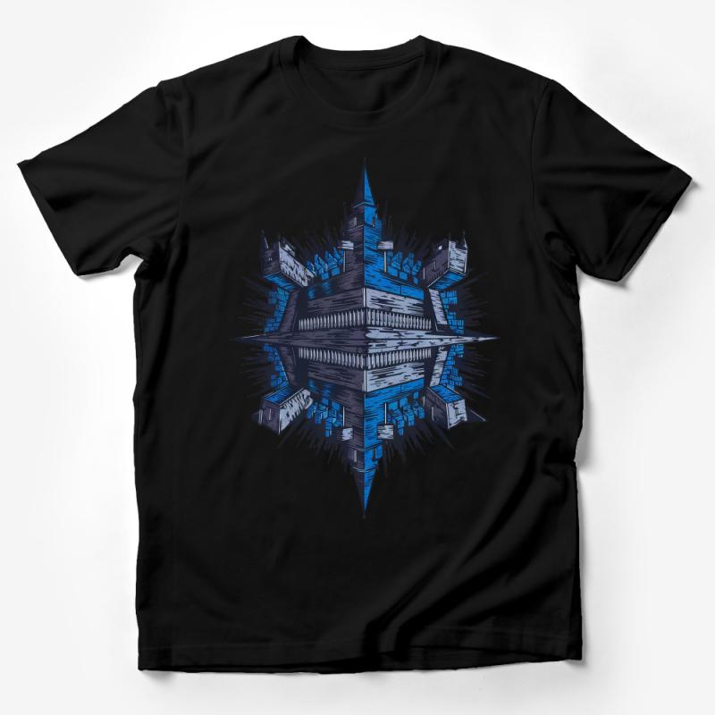 Unique Blue Castle Graphic Tee, Artistic Medieval Fortress T-Shirt, Unisex Clothing Male T-Shirt