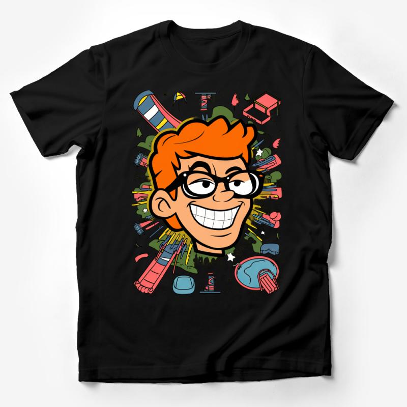 Cartoon Character Face T-Shirt, Fun Geeky Graphic Tee, Colorful Nerdy Shirt for All Ages, Unisex Casual Wear Male T-Shirt