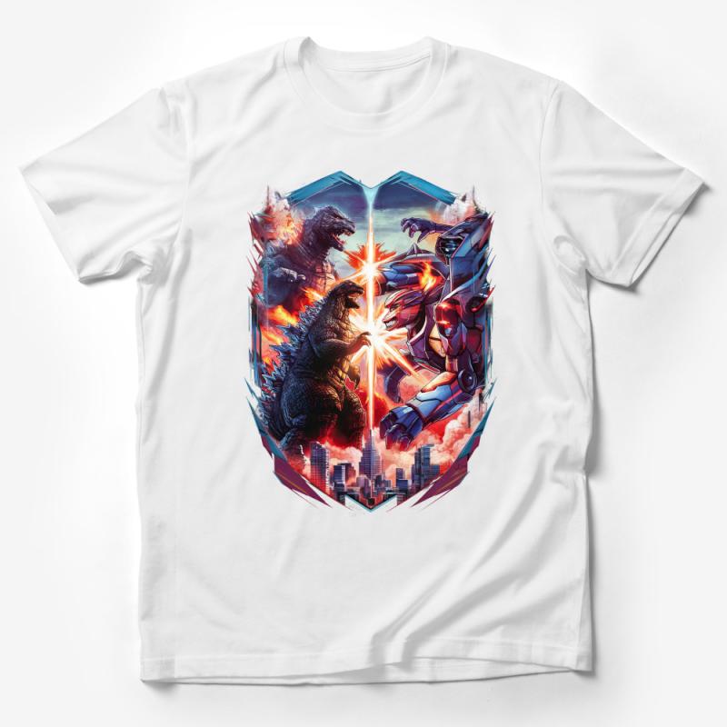 Epic Kaiju vs Mecha Battle Graphic Tee, Vibrant Monster Robot City T-Shirt, Unisex Apparel Male T-Shirt