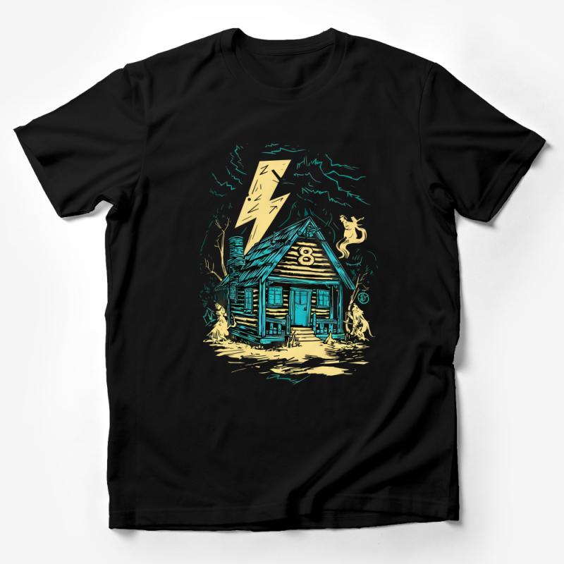 Vintage Cabin Illustration T-Shirt, Rustic House with Lightning Art Tee, Nature Lover Graphic Shirt, Unisex Clothing Male T-Shirt