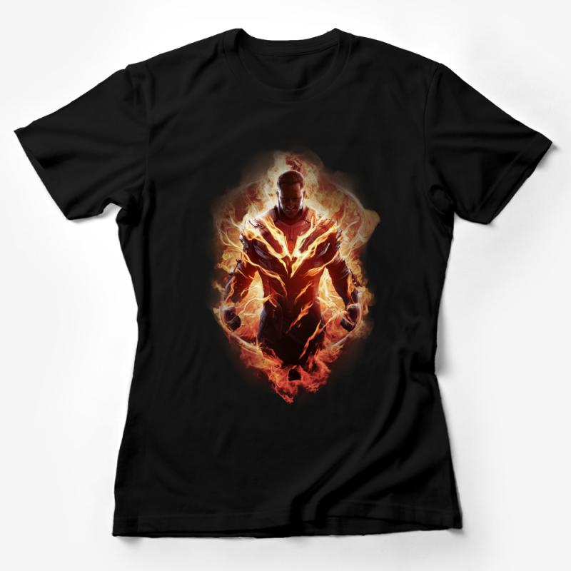 Men's Fiery Superhero Graphic Tee, Unique Comic Art Printed T-Shirt, Bold Casual Wear Female T-Shirt