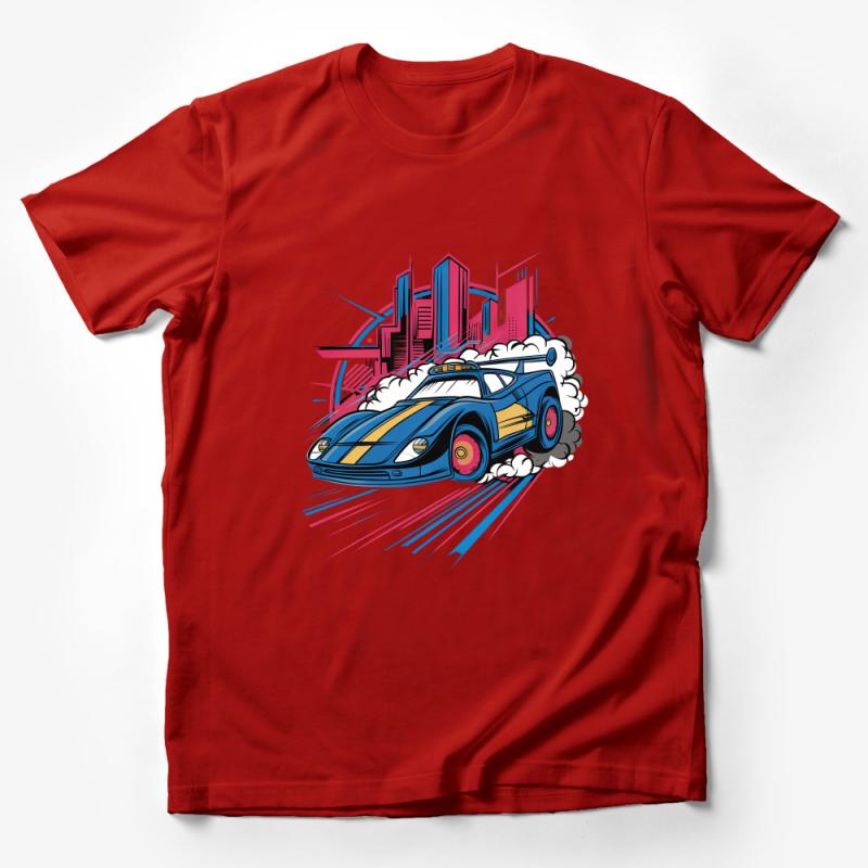 Retro Style Sports Car T-Shirt, Urban Skyline, Speedy Vehicle Graphic Tee, Vibrant Streetwear Male T-Shirt