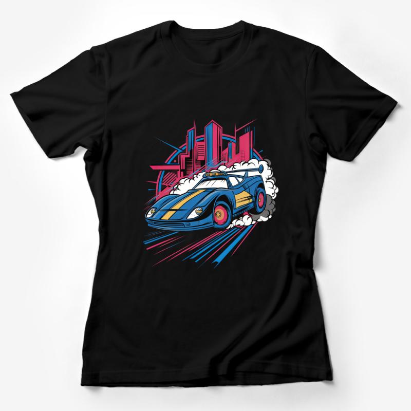 Retro Style Sports Car T-Shirt, Urban Skyline, Speedy Vehicle Graphic Tee, Vibrant Streetwear Female T-Shirt