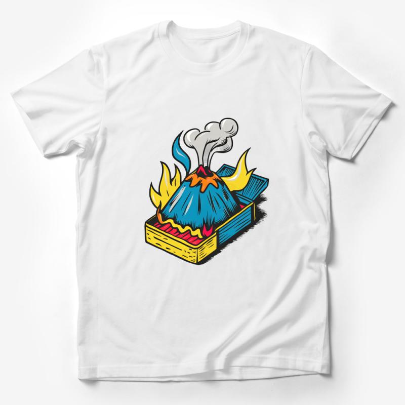 Retro Comic Book Style Volcano Eruption Graphic Tee, Colorful Illustration T-Shirt Male T-Shirt