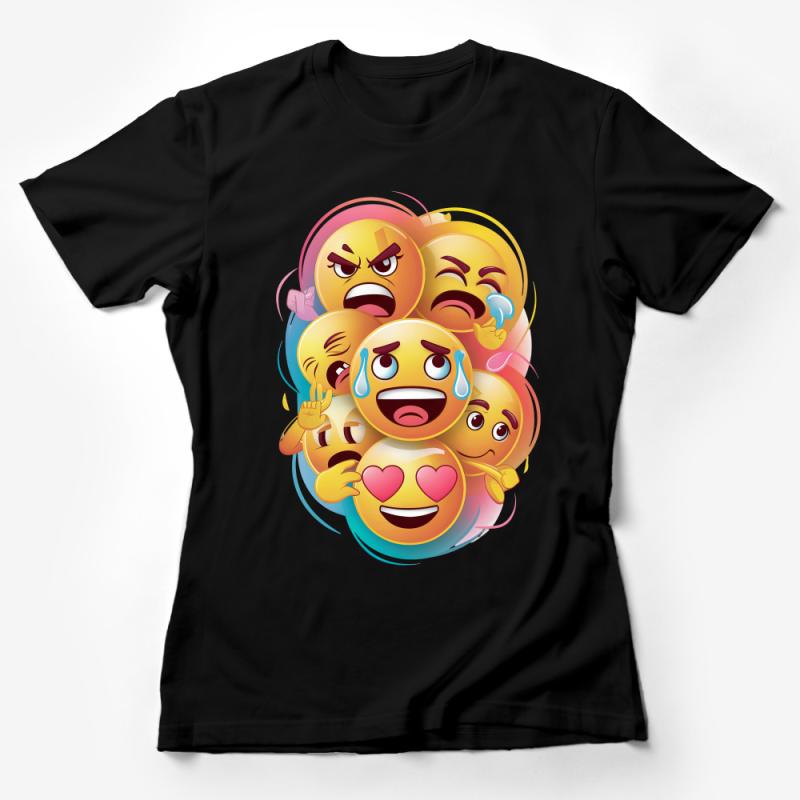 Colorful Emoticon Collage T-Shirt, Fun Emoji Party Tee for All Ages Female T-Shirt