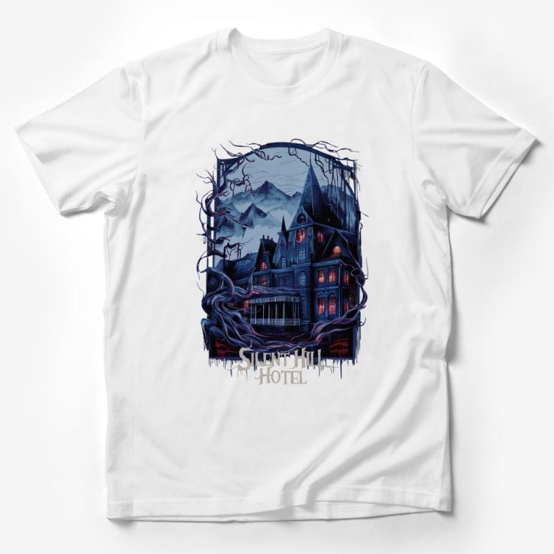 Gothic Silent Hill Hotel T-Shirt, Horror Game Inspired Graphic Tee, Spooky Mansion Apparel, Creepy House Design, Gamer Fashion Top Male T-Shirt