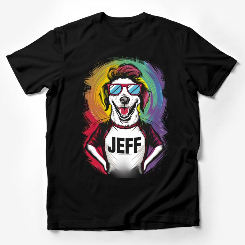 Funky Dog with Sunglasses T-Shirt, Colorful Pet Portrait Tee, Cool Animal Graphic Shirt, Unisex Jeff Print Top Male T-Shirt