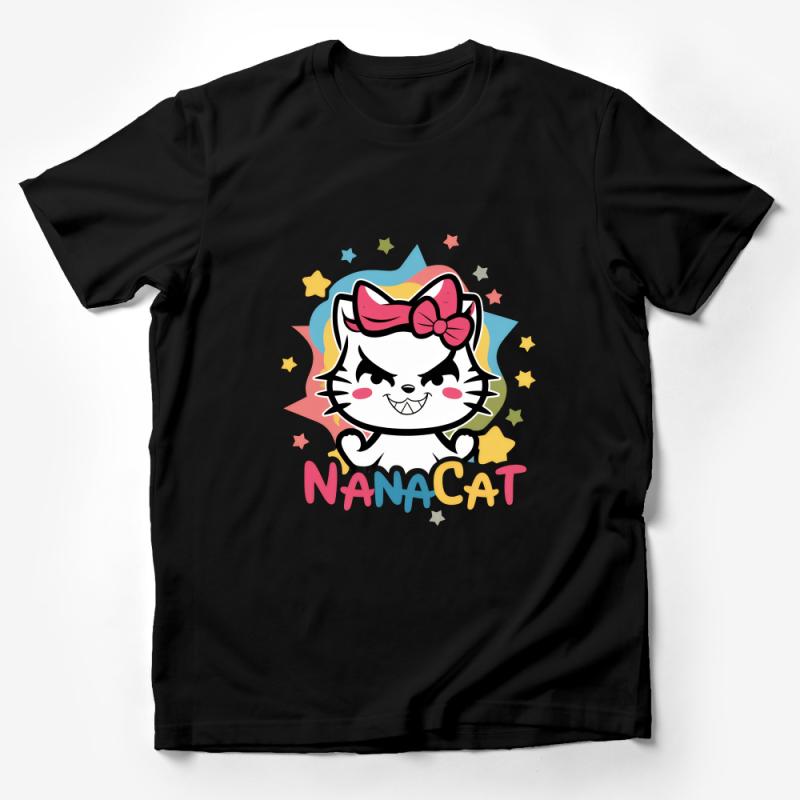 Cute Nana Cat T-Shirt with Pink Bow, Funny Cartoon Cat Tee, Casual Kawaii Kitty Shirt for All Ages Male T-Shirt