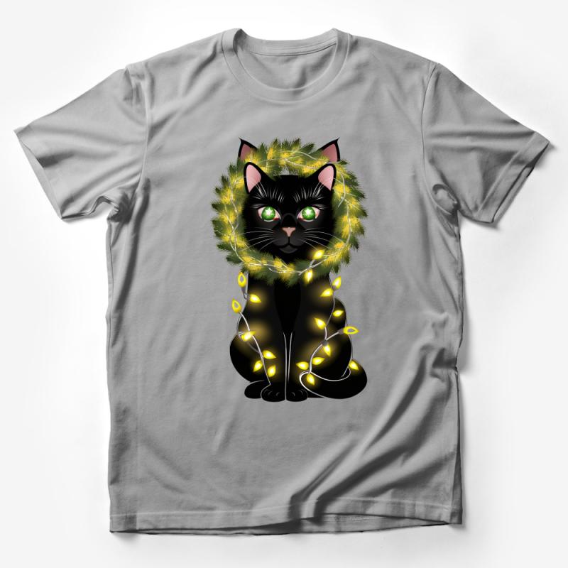 Black Cat with Twinkling Lights T-Shirt, Cute Festive Kitten Tee, Holiday Animal Lover Shirt Gift Male T-Shirt