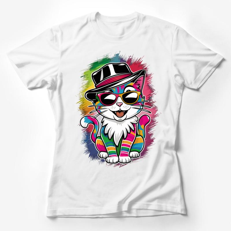 Colorful Cat T-Shirt with Sunglasses, Funky Animal Graphic Tee, Artistic Rainbow Cat Shirt, Cool Cat Lover Gift Idea Unisex Female T-Shirt