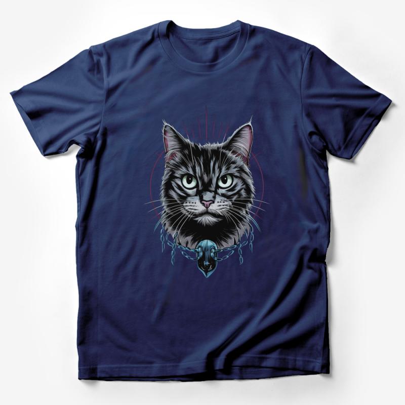 Gothic Cat T-Shirt, Mystical Feline with Chains, Fantasy Art Tee, Black Cat Lover Gift, Unisex Graphic Shirt, Unique Cat Apparel Male T-Shirt