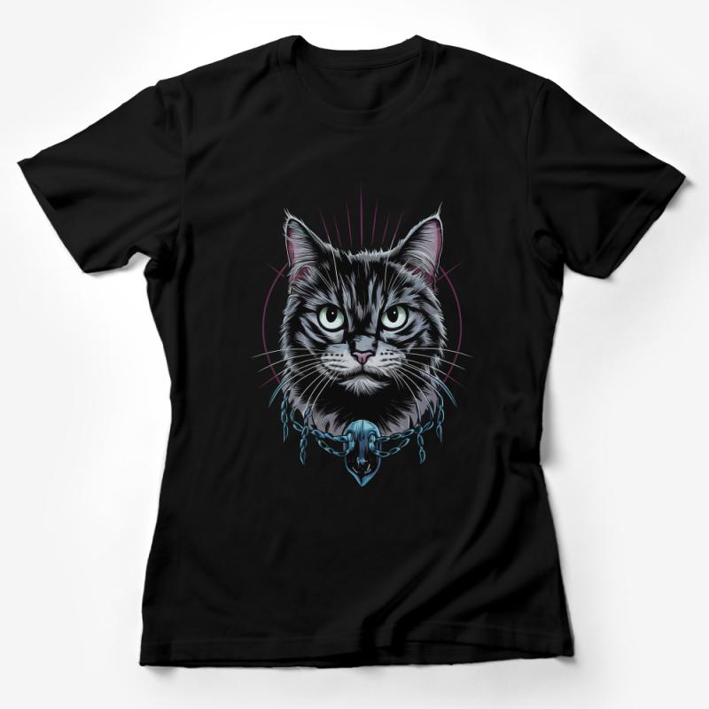 Gothic Cat T-Shirt, Mystical Feline with Chains, Fantasy Art Tee, Black Cat Lover Gift, Unisex Graphic Shirt, Unique Cat Apparel Female T-Shirt