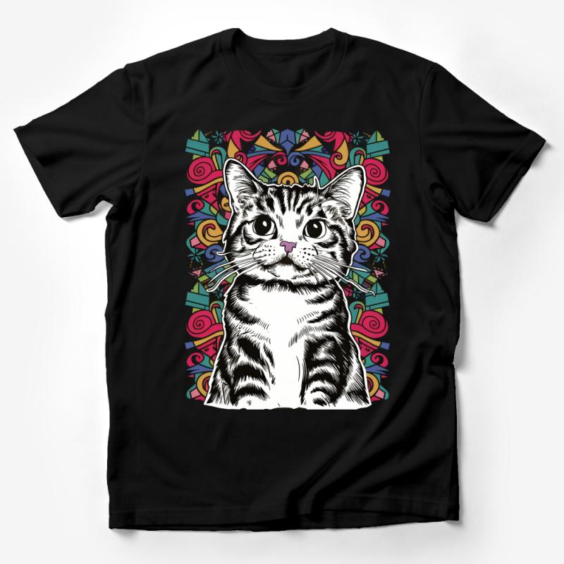 Whimsical Cat T-Shirt, Colorful Artistic Cat with Clockwork Graphic Tee, Unique Cat Lover Gift, Unisex Animal Illustration Shirt Male T-Shirt