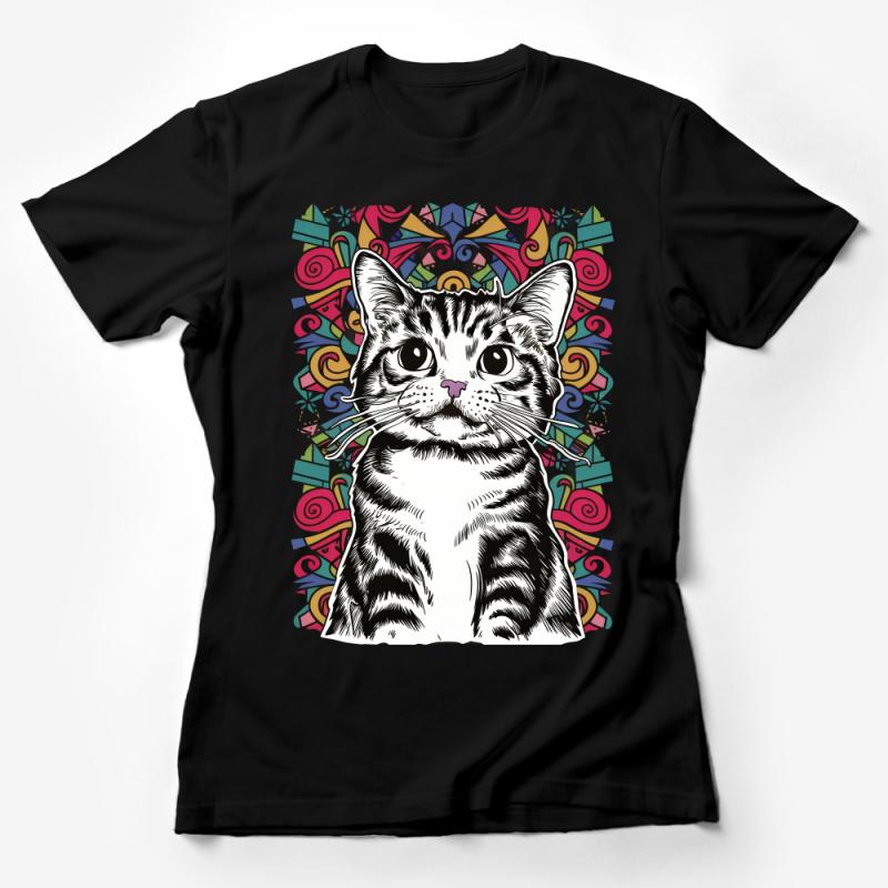 Whimsical Cat T-Shirt, Colorful Artistic Cat with Clockwork Graphic Tee, Unique Cat Lover Gift, Unisex Animal Illustration Shirt Female T-Shirt