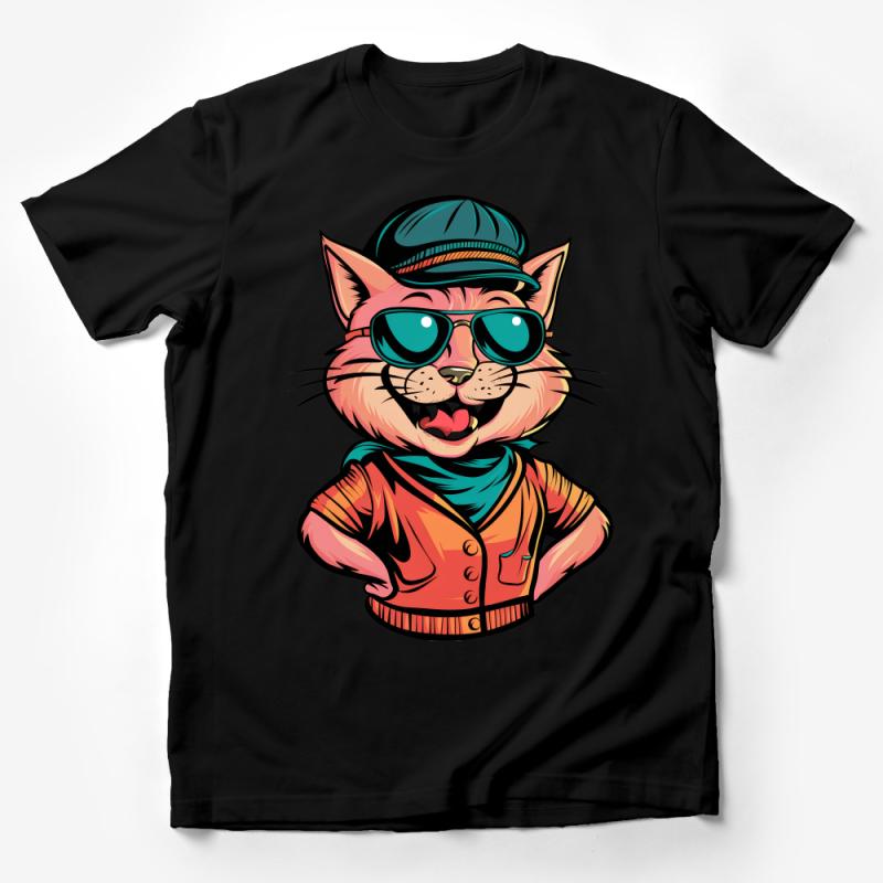 Cool Hipster Cat T-Shirt, Funny Cartoon Cat with Glasses and Hat Tee, Unisex Graphic Shirt, Casual Streetwear Top, Gift for Cat Lovers Male T-Shirt