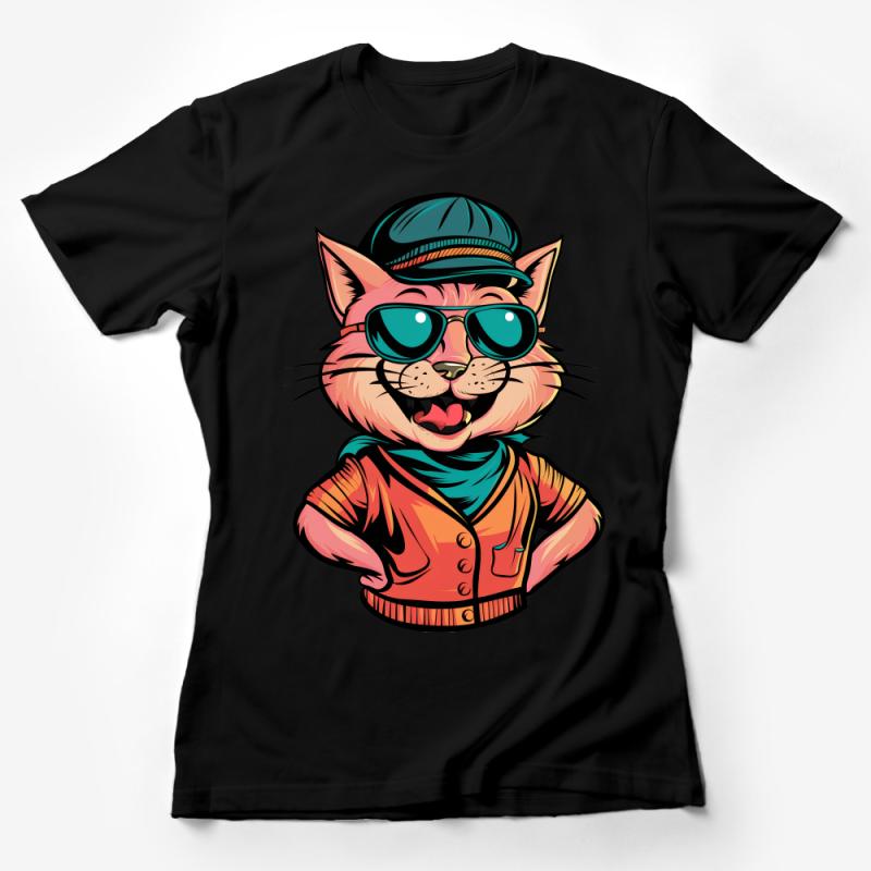 Cool Hipster Cat T-Shirt, Funny Cartoon Cat with Glasses and Hat Tee, Unisex Graphic Shirt, Casual Streetwear Top, Gift for Cat Lovers Female T-Shirt